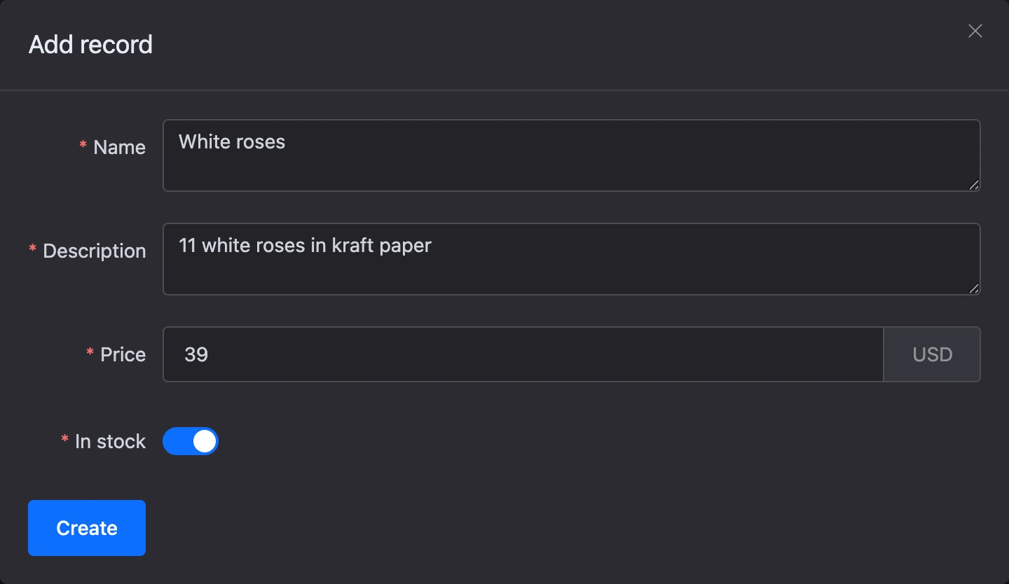 The Add record window with filled-in fields