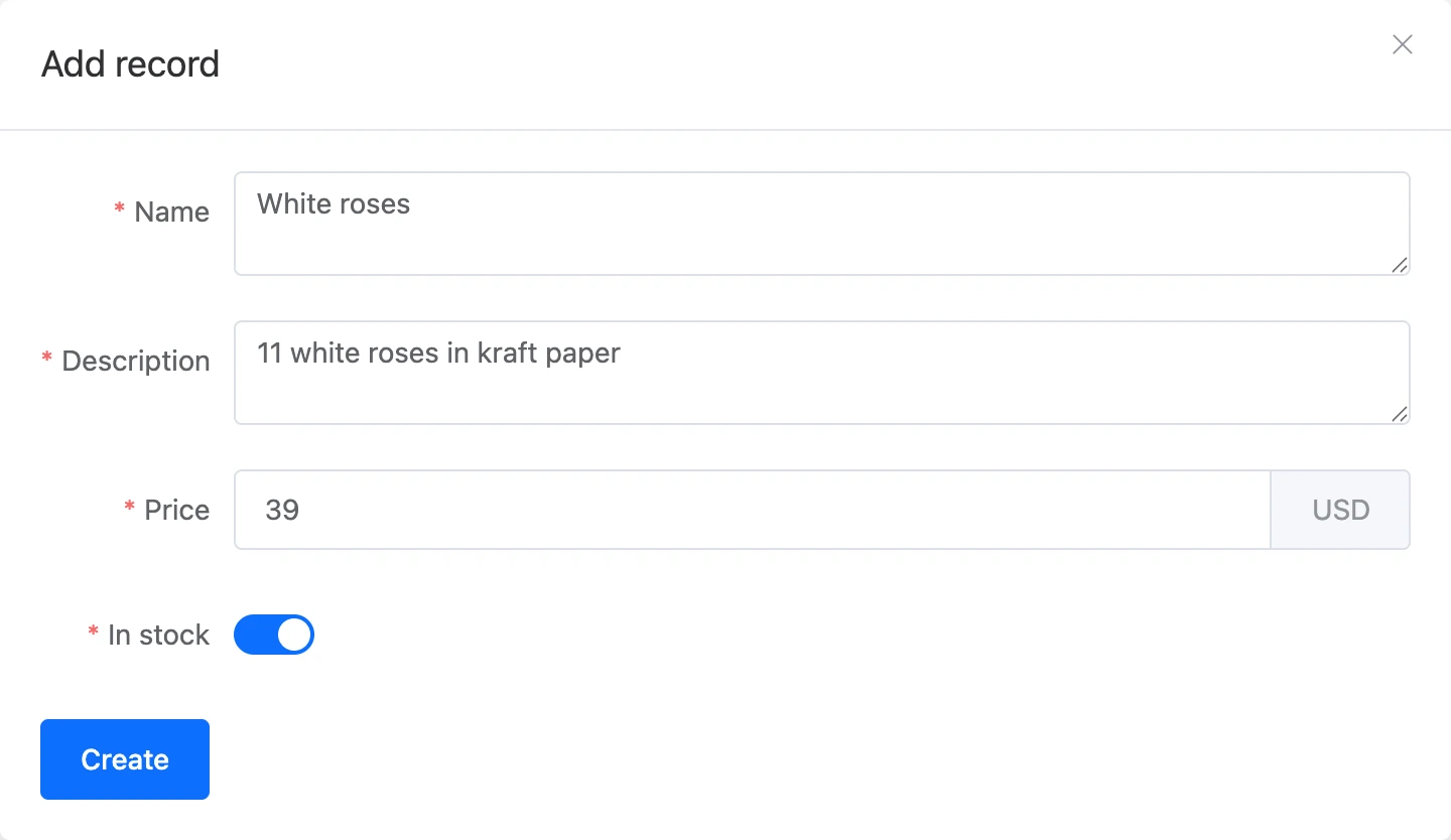 The Add record window with filled-in fields
