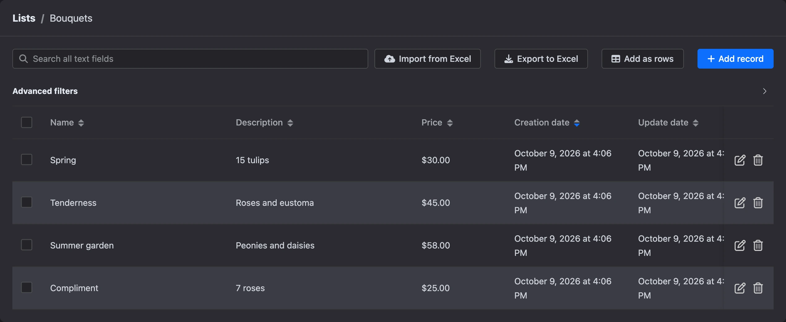 List records table with search and the import, export and add buttons