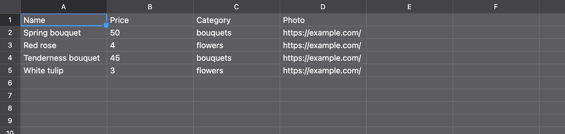 A sheet for the bot: headers in the first row, photo links in column D