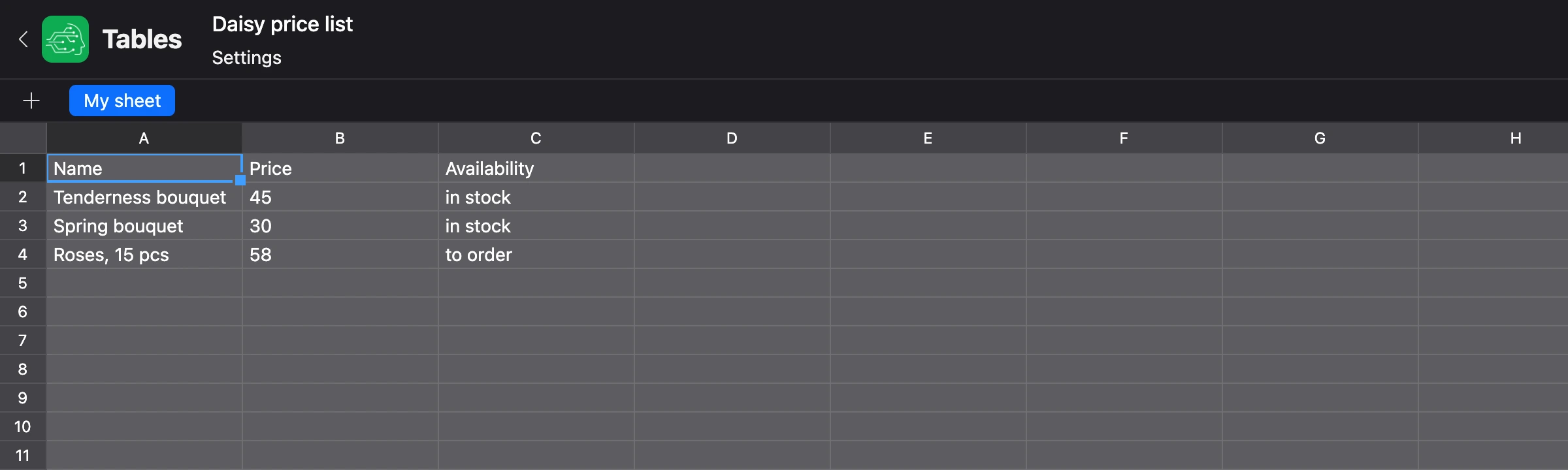 Table editor: a sheet with a price list