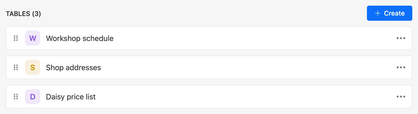 The project’s list of tables