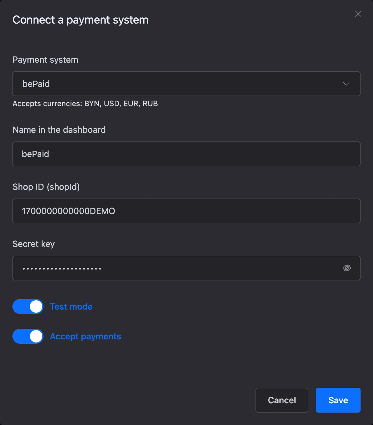 The payment system connection dialog