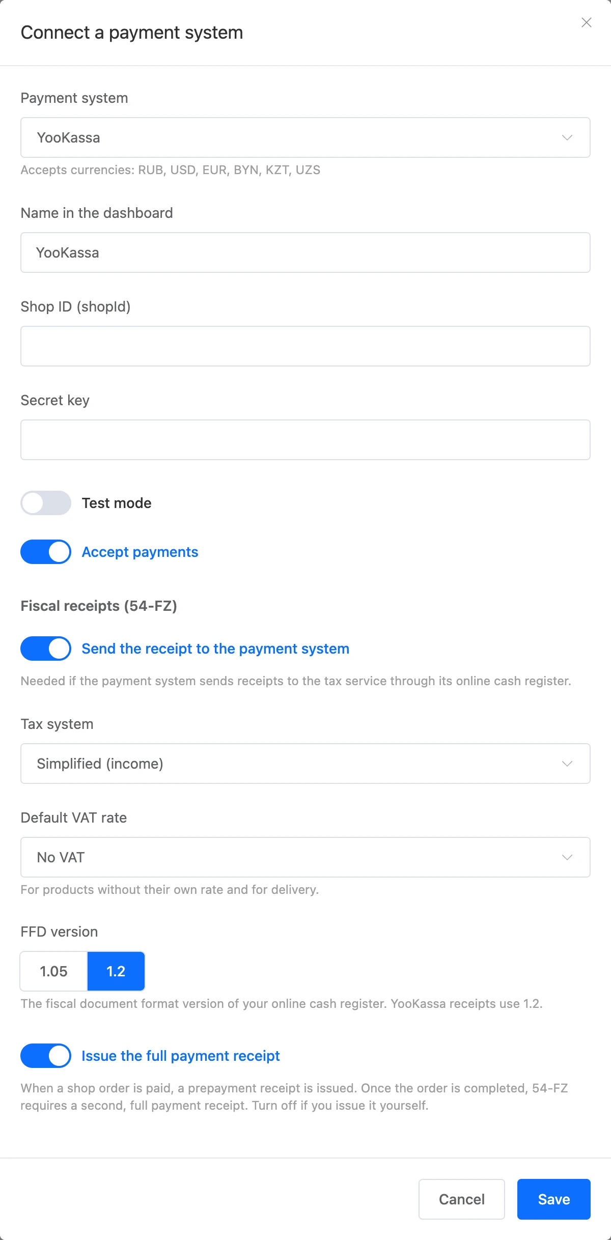 The payment system connection window with receipts turned on