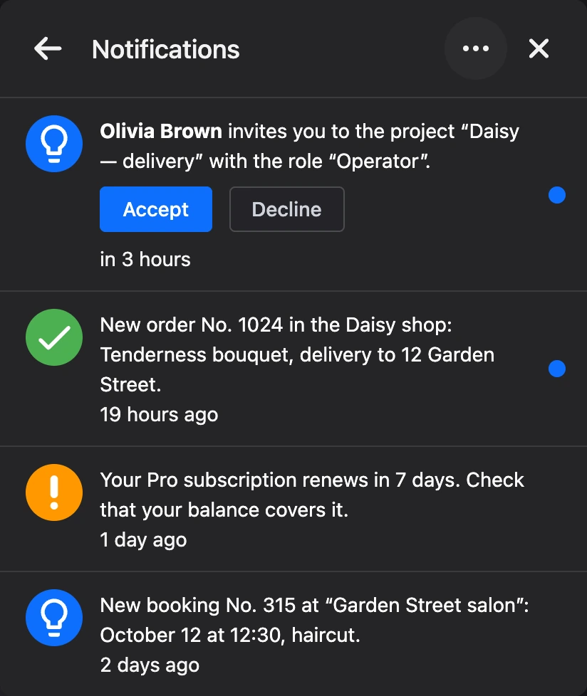 The notification list in the account menu