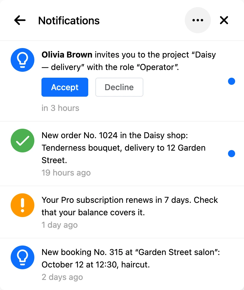 The notification list in the account menu