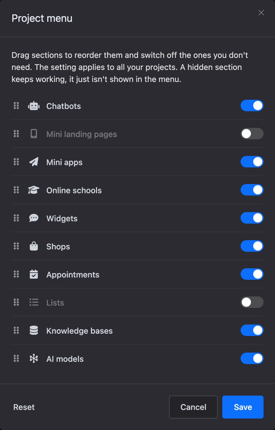 The Project menu window
