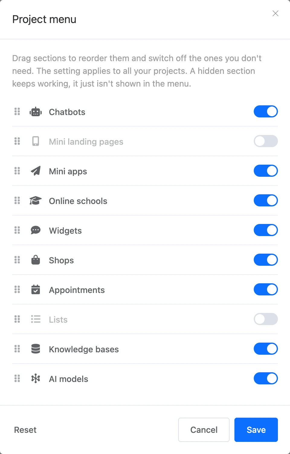 The Project menu window