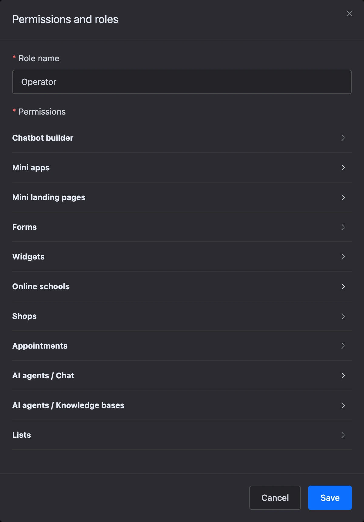 A new role window with the list of sections