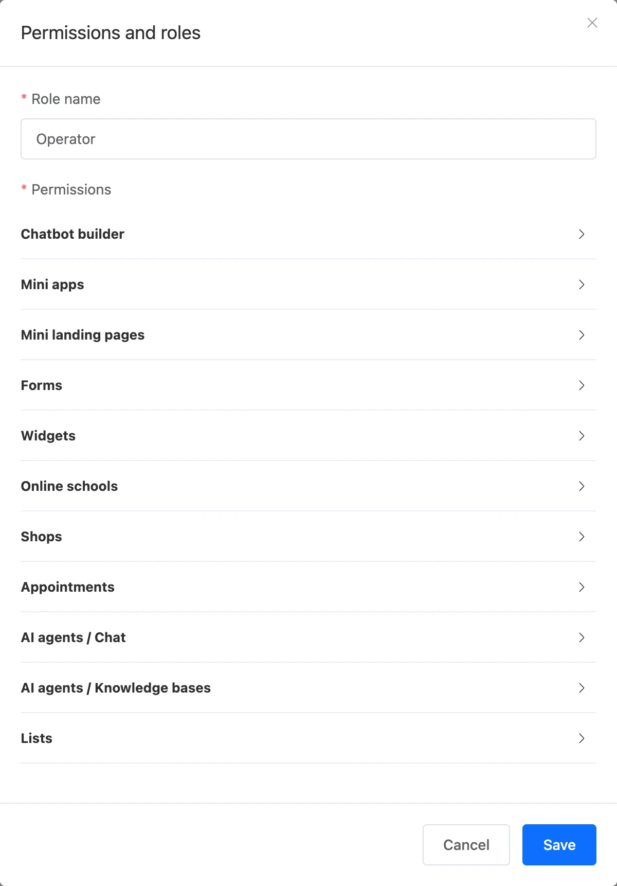 A new role window with the list of sections