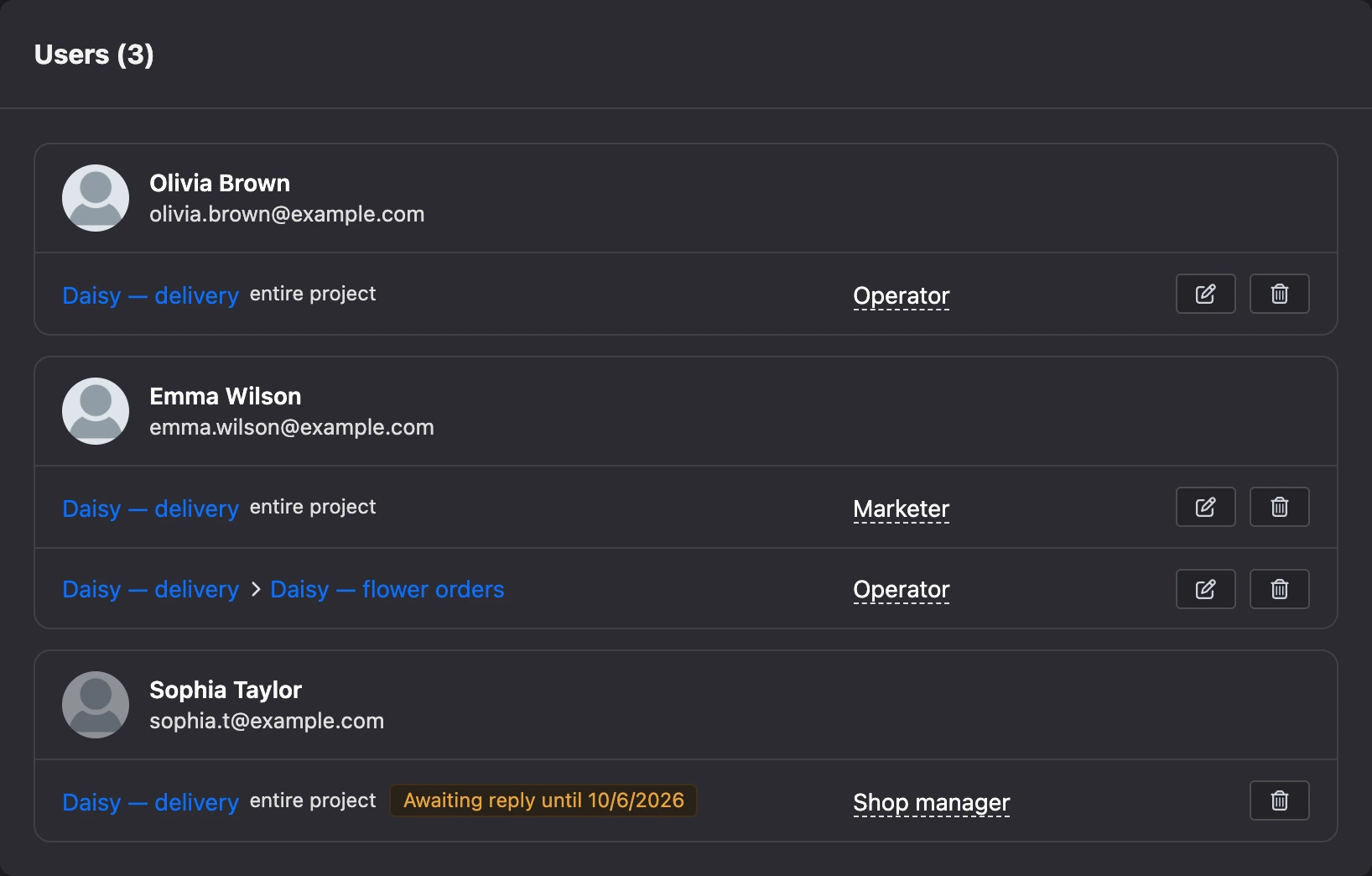 The Users tab: team members and their access
