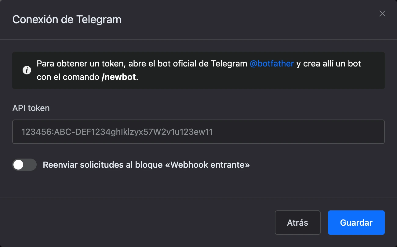 Ventana de conexión de Telegram con el campo del token