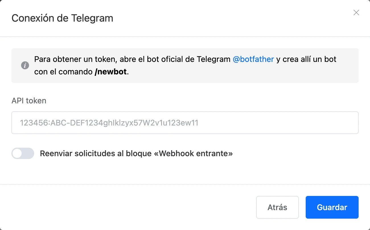Ventana de conexión de Telegram con el campo del token