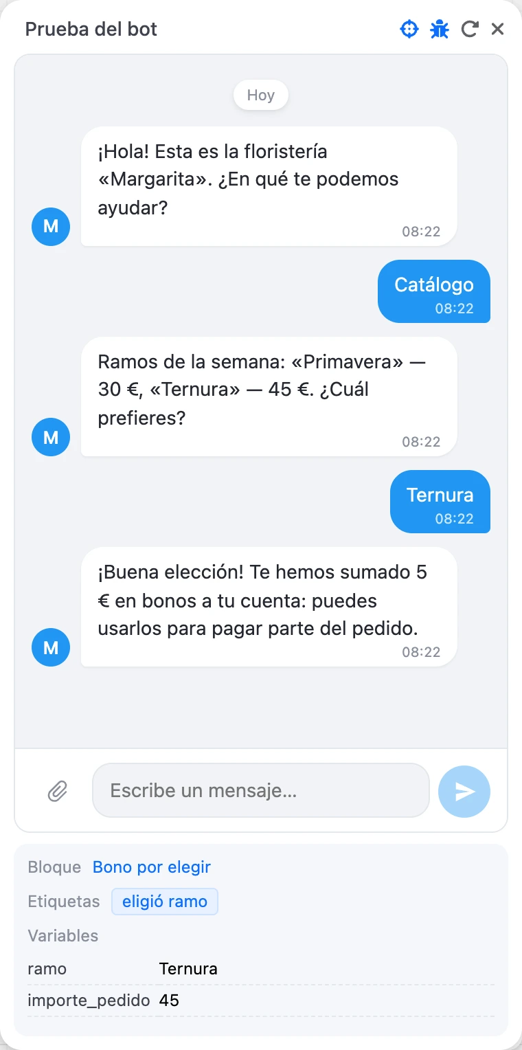 El panel «Variables y etiquetas» bajo el chat: el bloque actual, las etiquetas y las variables