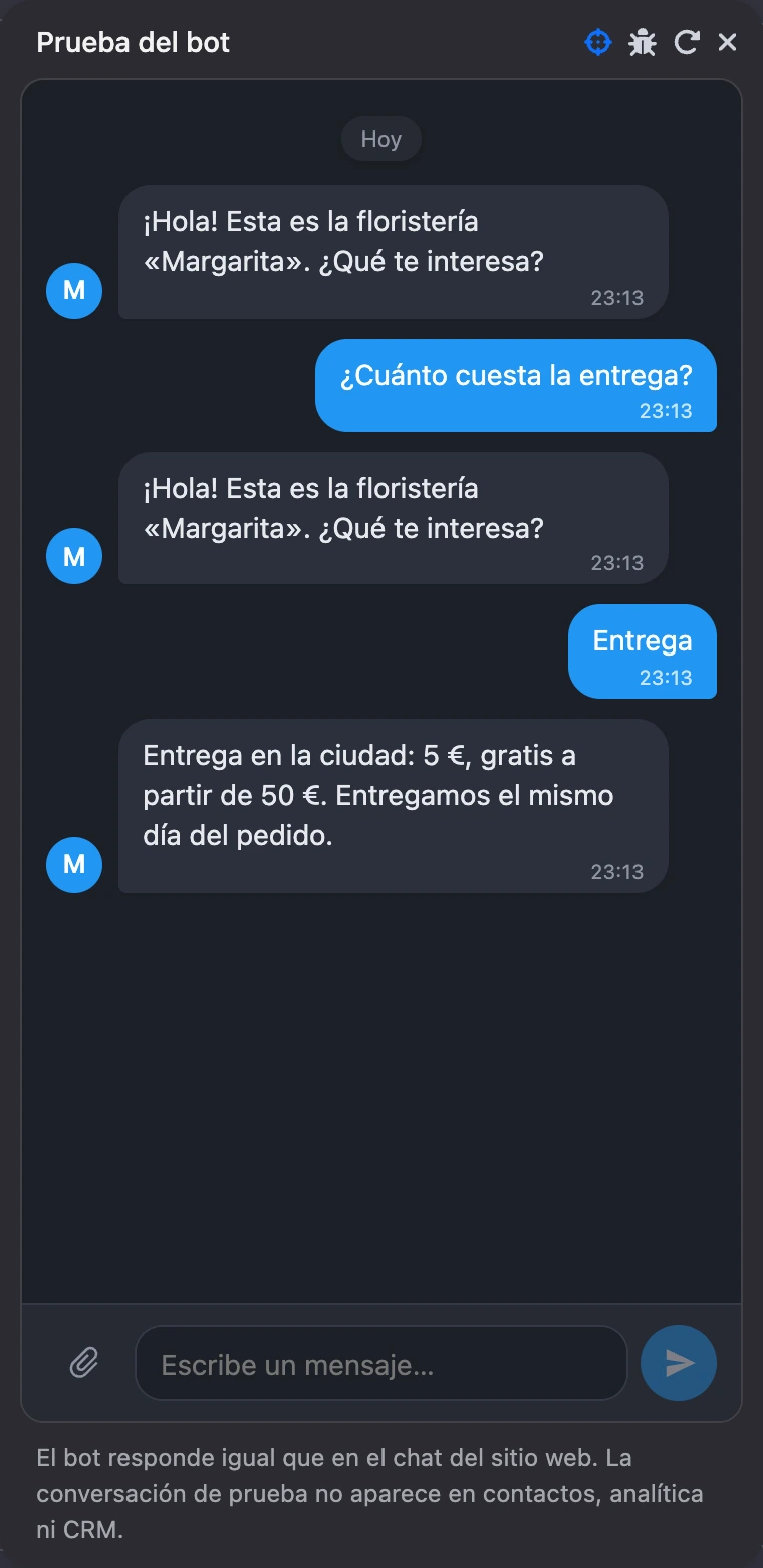 La ventana «Prueba del bot»: el bot repitió su pregunta tras «¿Cuánto cuesta el envío?» y respondió sobre el envío tras «2»