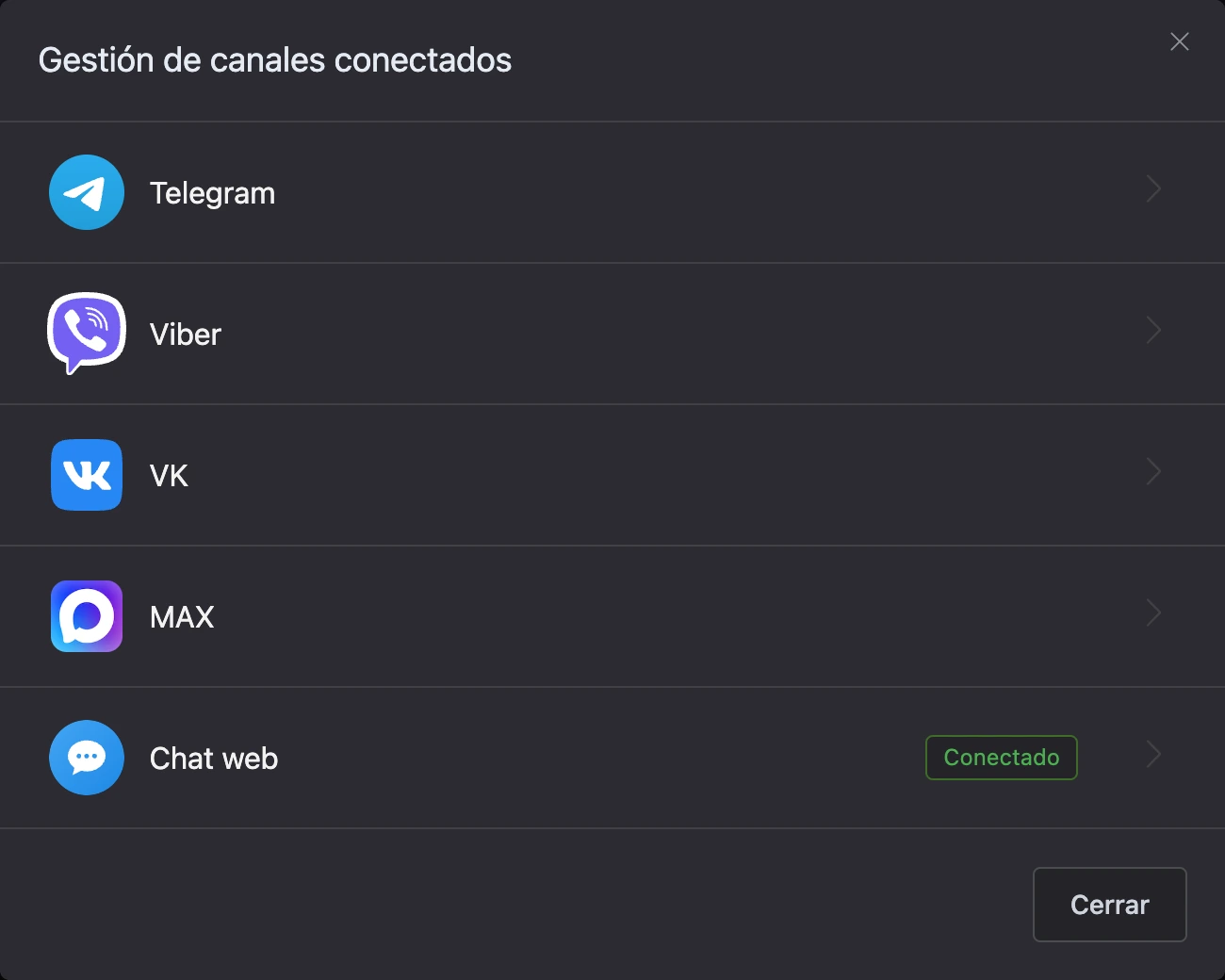 Lista de canales del bot: un canal conectado tiene la marca «Conectado»