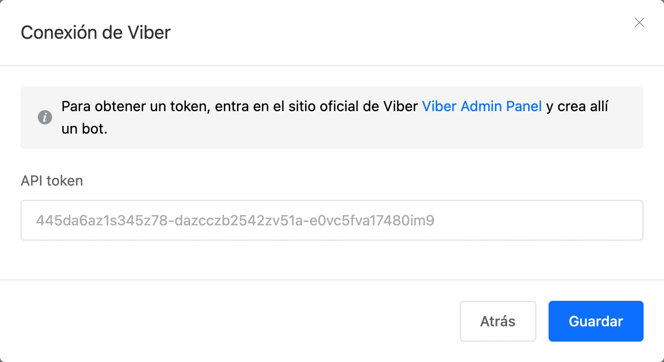 Ventana de conexión de Viber con el campo «Token de API»
