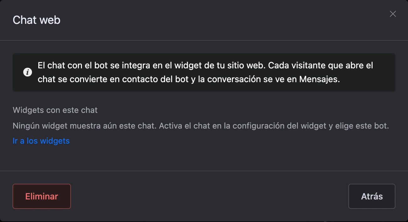 La ventana del canal «Chat web»: descripción y lista de widgets con este chat