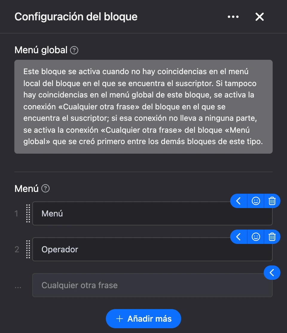Panel de configuración del bloque «Menú global»