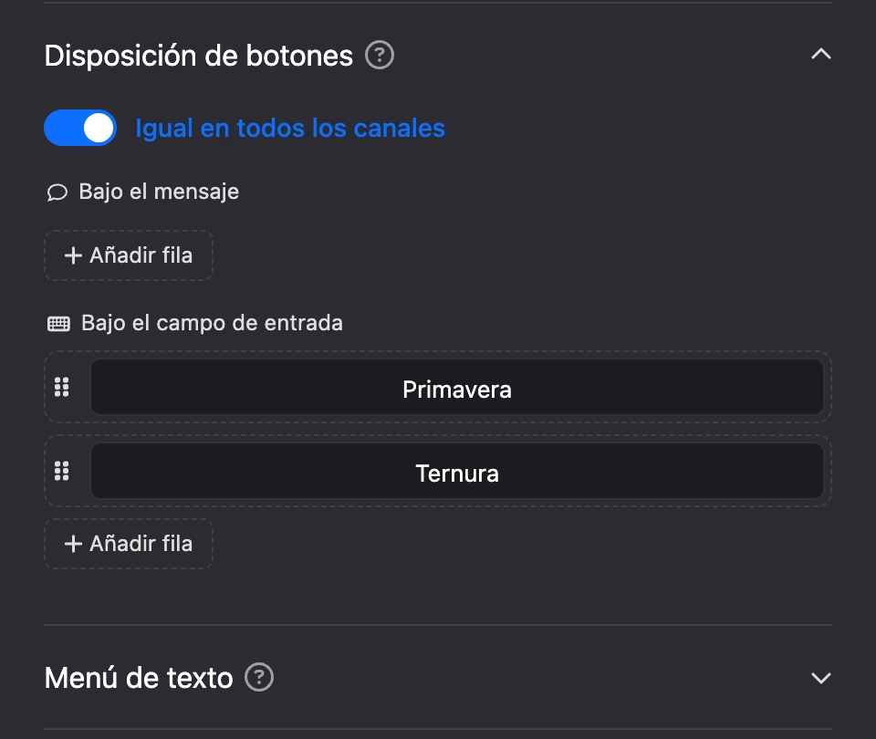 La subsección «Disposición de botones»: zonas «Bajo el mensaje» y «Bajo el campo de entrada», filas de botones