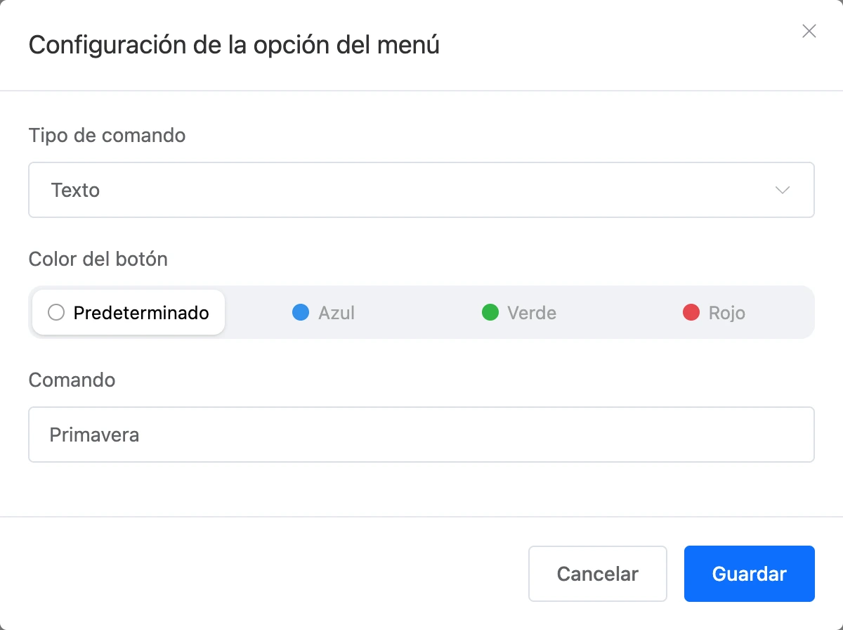 La ventana «Configuración de la opción del menú»: tipo de comando, color del botón y comando