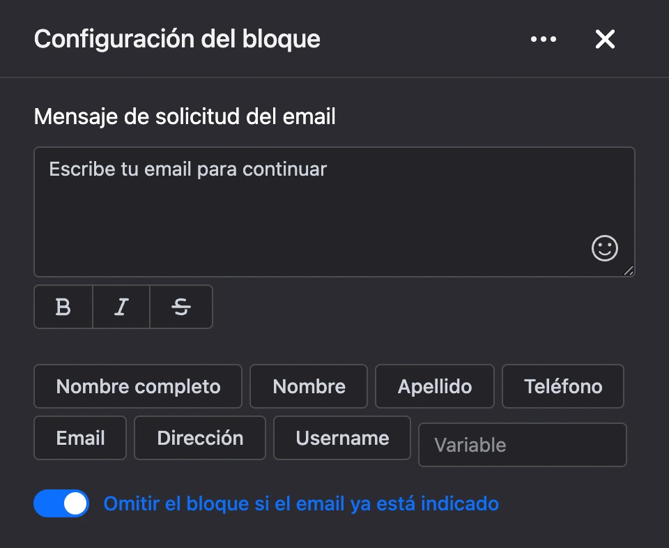 Panel de configuración del bloque «Solicitud de email»
