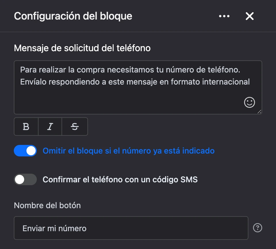 Panel de configuración del bloque «Solicitud de teléfono»