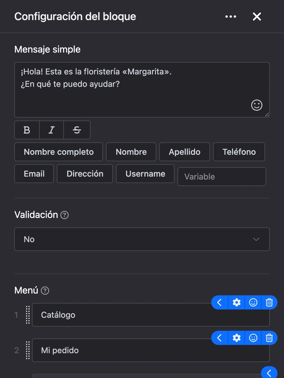 Panel de configuración del bloque «Mensaje simple»