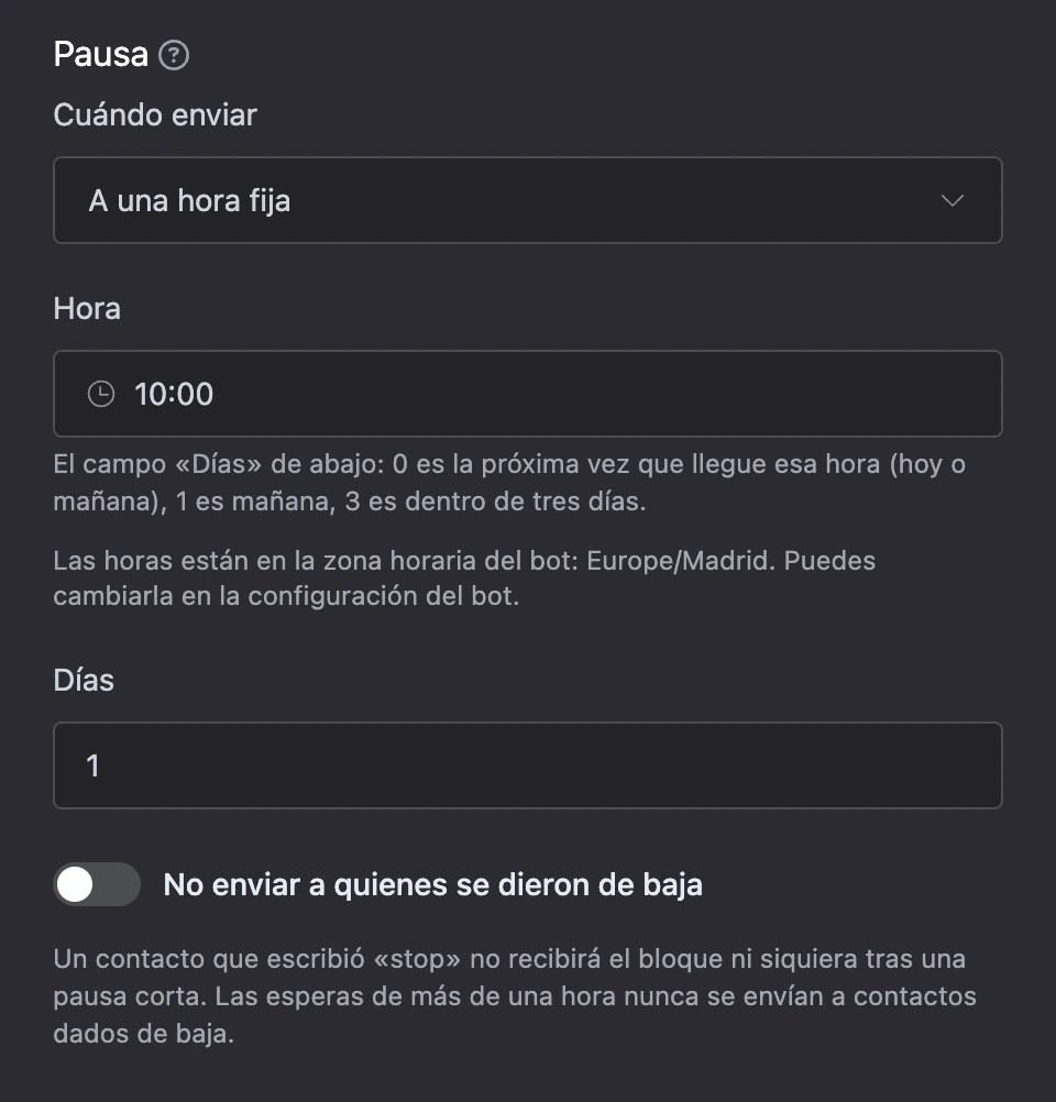 El modo «A una hora fija»: hora 10:00, días: 1, una indicación sobre la zona horaria del bot