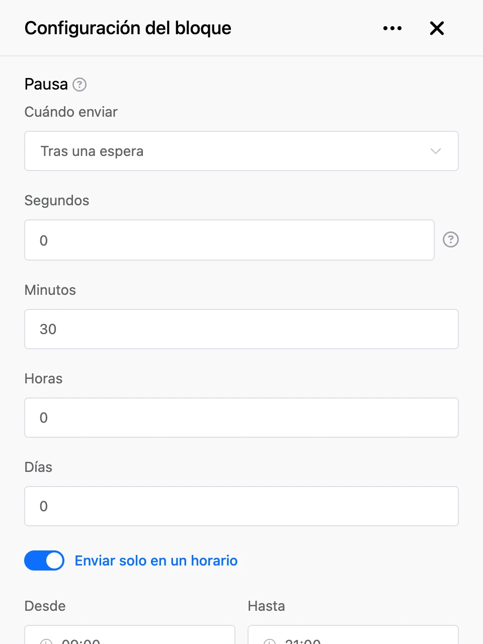 Panel de configuración del bloque «Pausa»