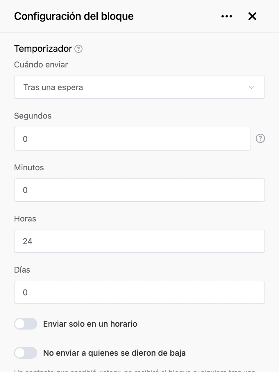 Panel de configuración del bloque «Temporizador»