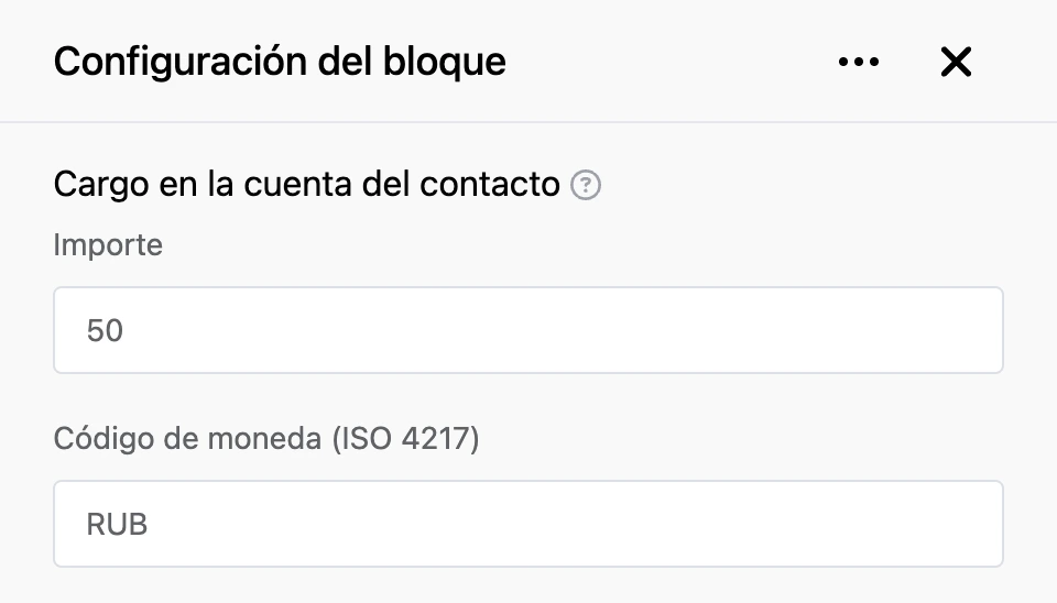 Panel de configuración del bloque «Cargo en la cuenta del contacto»