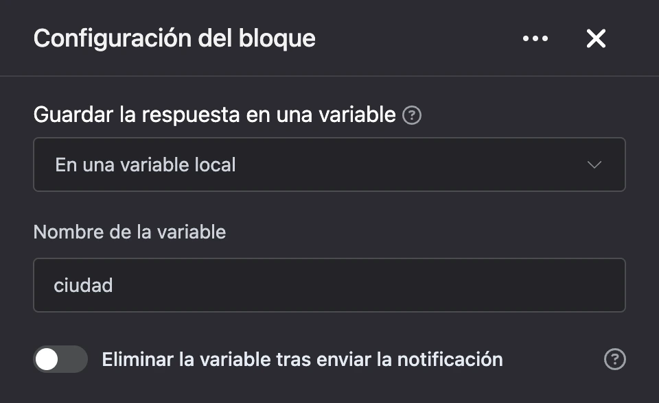 Panel de configuración del bloque «Guardar la respuesta en una variable»