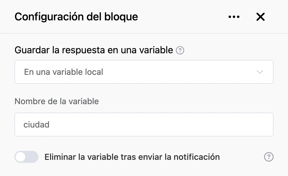 Panel de configuración del bloque «Guardar la respuesta en una variable»