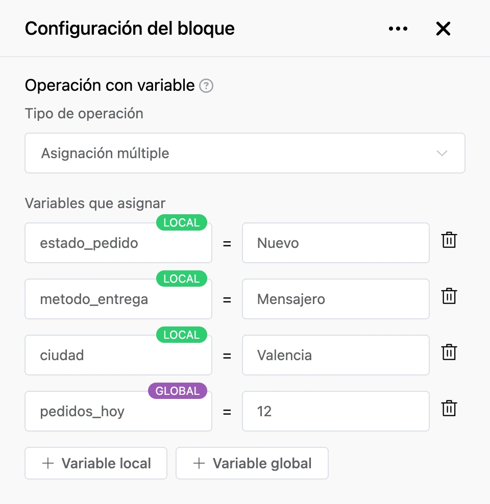 Bloque «Operación con variable»: se asignan cuatro variables del pedido a la vez