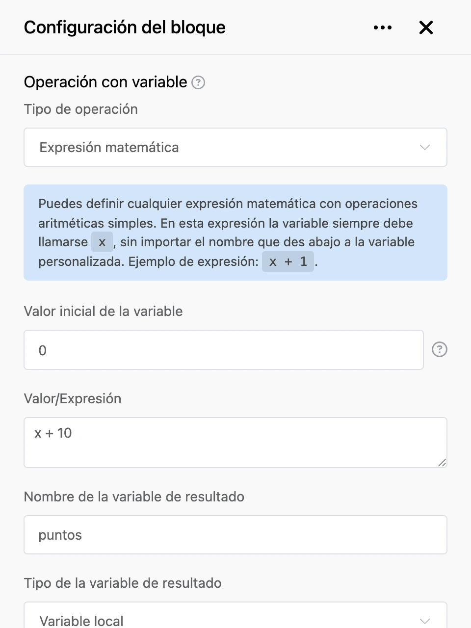 Panel de configuración del bloque «Operación con variable»
