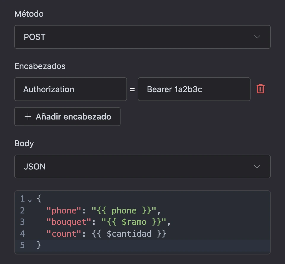 Una solicitud POST con el encabezado Authorization y un cuerpo JSON con plantillas