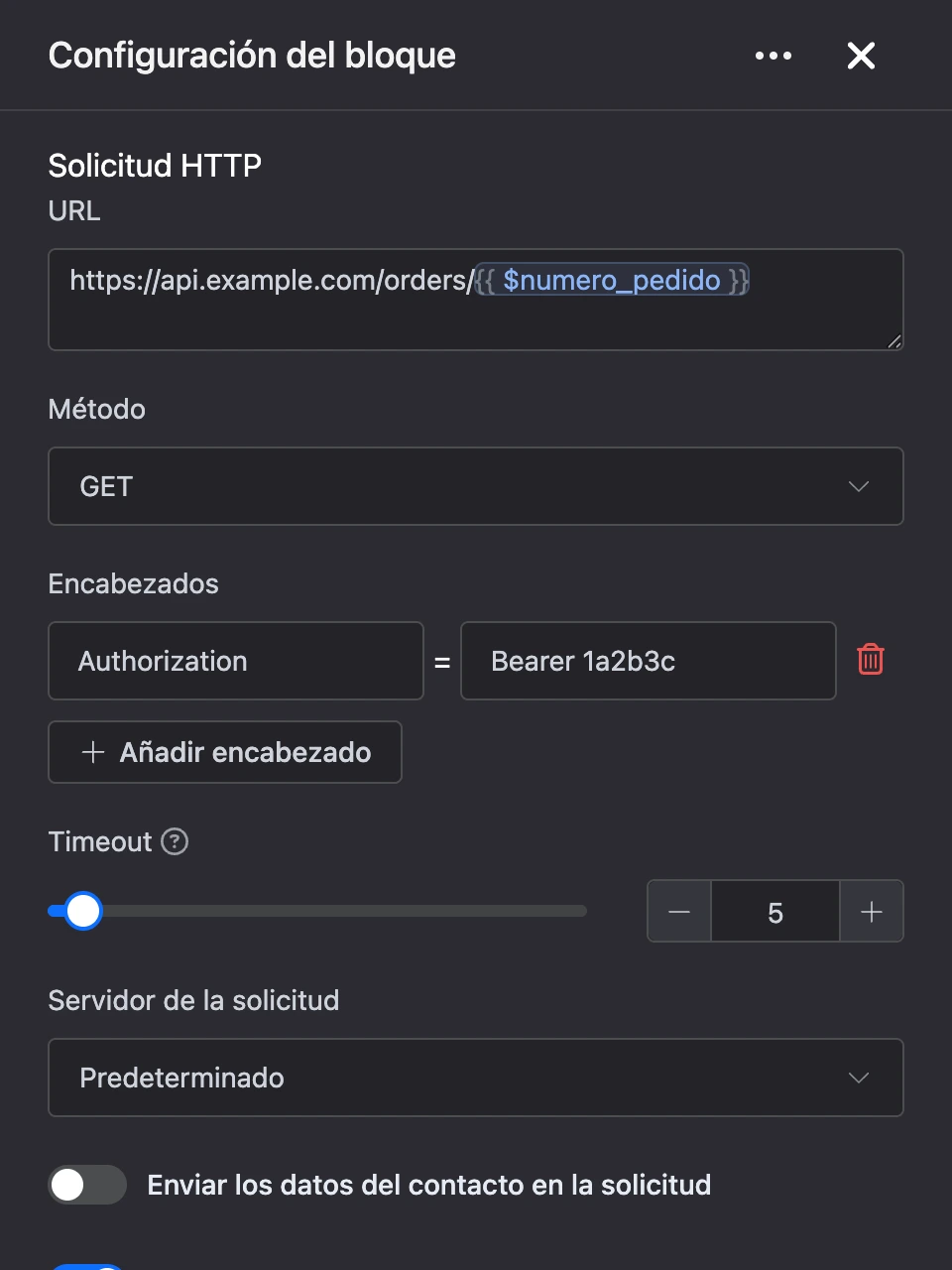 Panel de configuración del bloque «Solicitud HTTP»