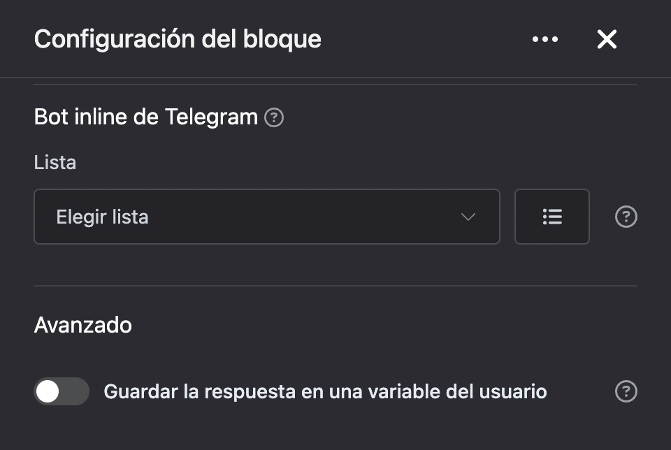 Panel de configuración del bloque «Bot inline de Telegram»