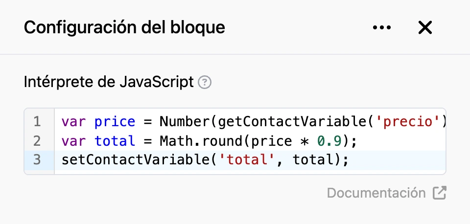 Panel de configuración del bloque «Intérprete de JavaScript»