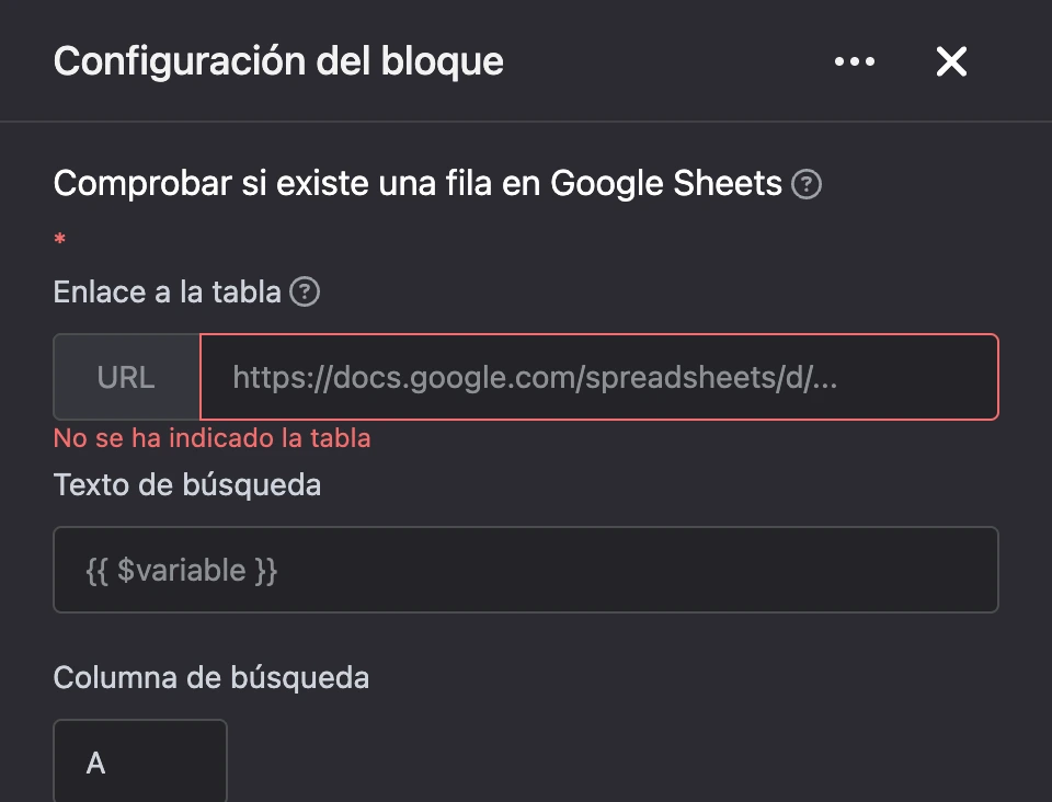 Panel de configuración del bloque «Comprobar si existe una fila en Google Sheets»