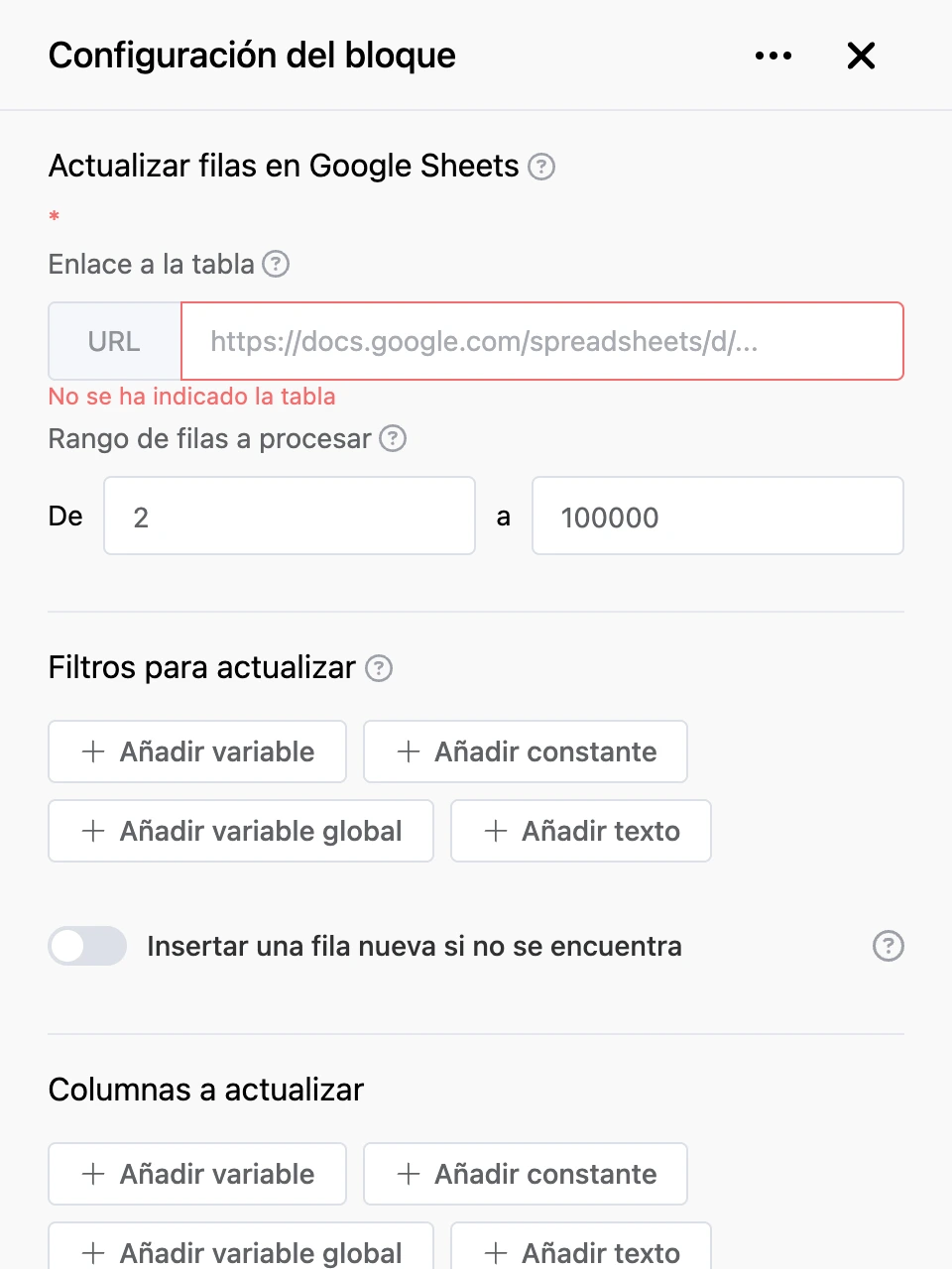 Panel de configuración del bloque «Actualizar filas en Google Sheets»