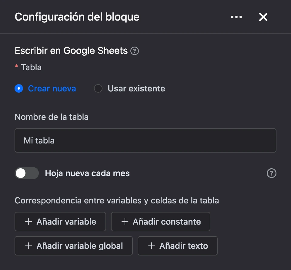 Panel de configuración del bloque «Escribir en Google Sheets»