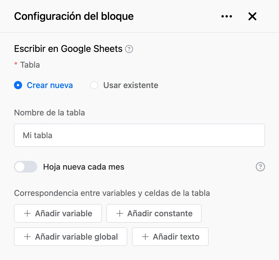 Panel de configuración del bloque «Escribir en Google Sheets»