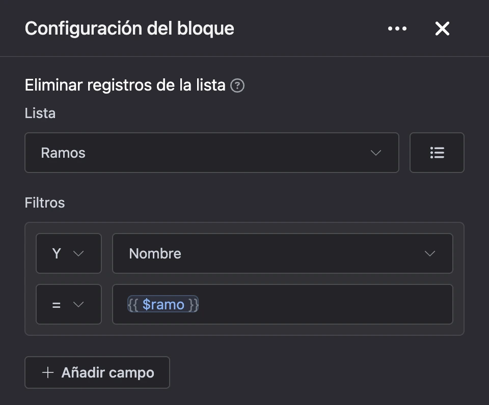 Panel de configuración del bloque «Eliminar registros de la lista»