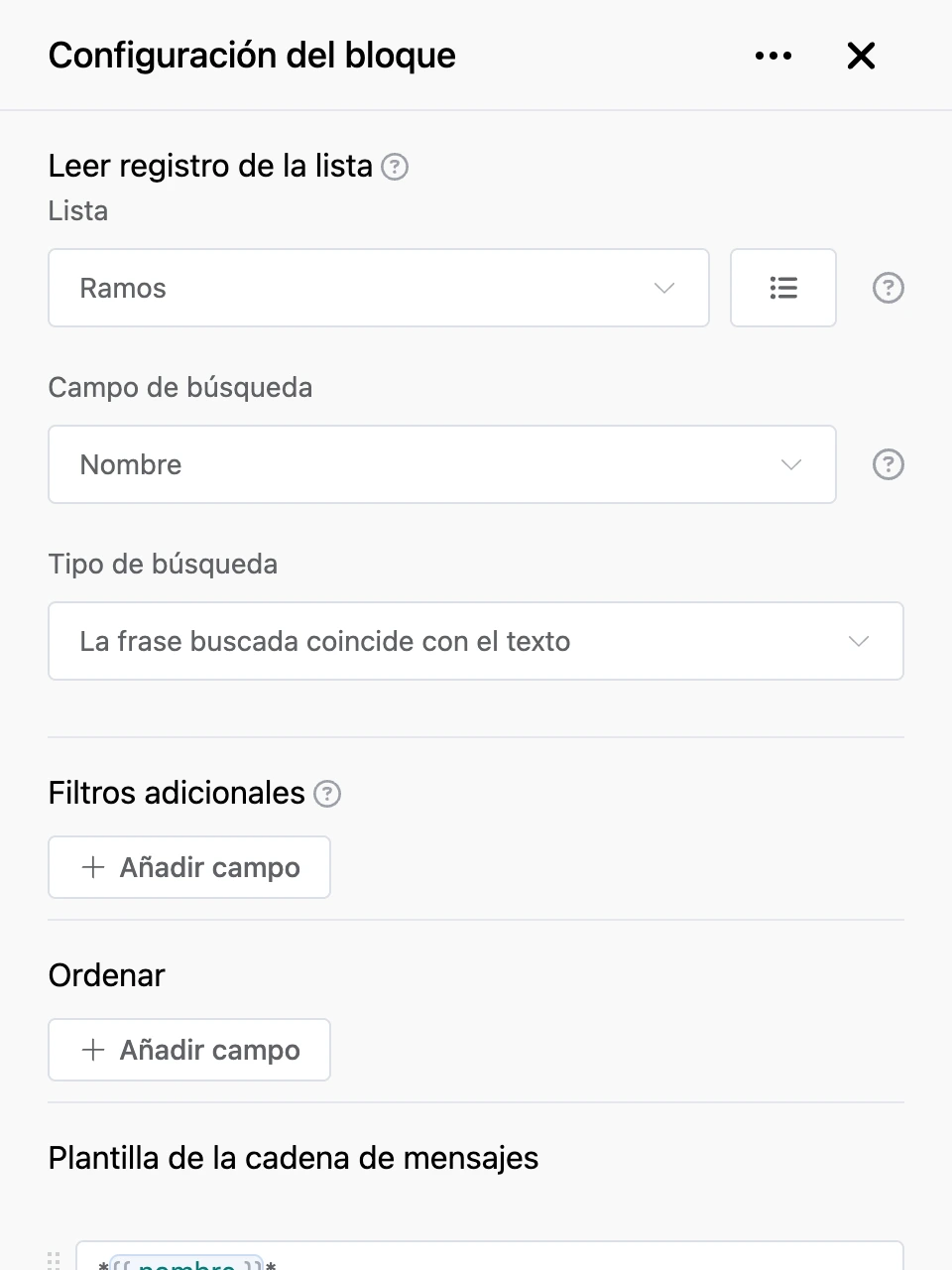 Panel de configuración del bloque «Leer registro de la lista»