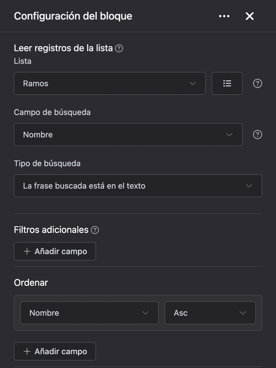 Panel de configuración del bloque «Leer registros de la lista»