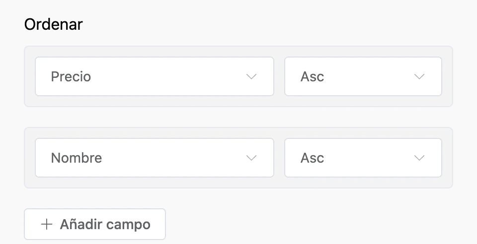 Ordenación: por precio y después por nombre, ascendente