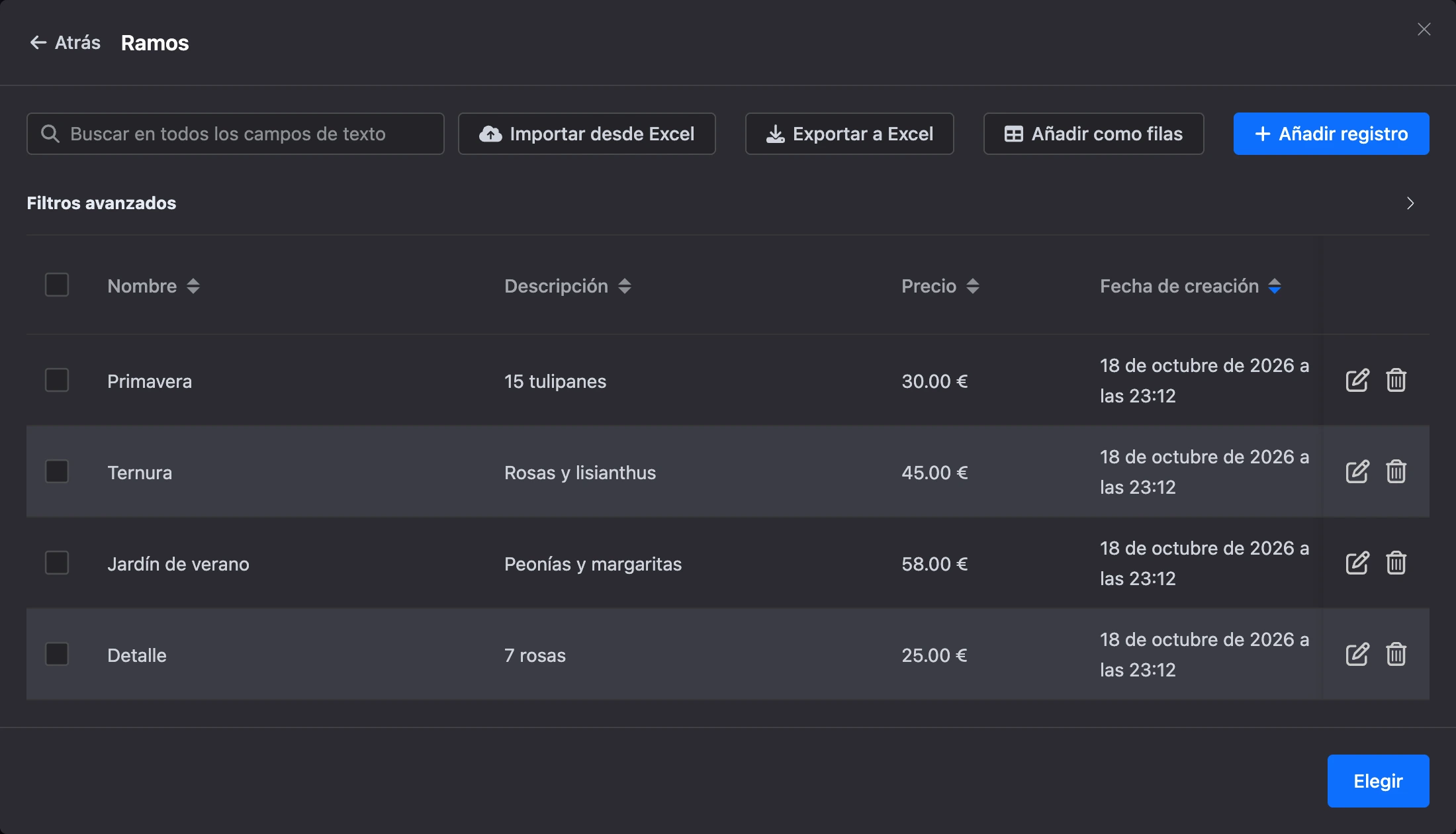 La ventana de listas abierta desde un bloque: registros de la lista «Ramos»
