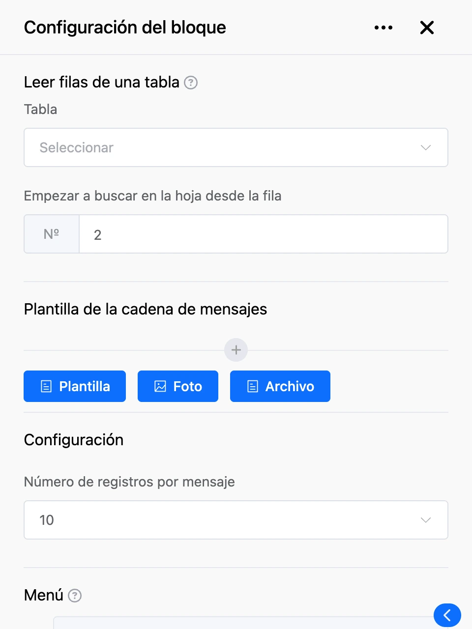Panel de configuración del bloque «Leer filas de una tabla»